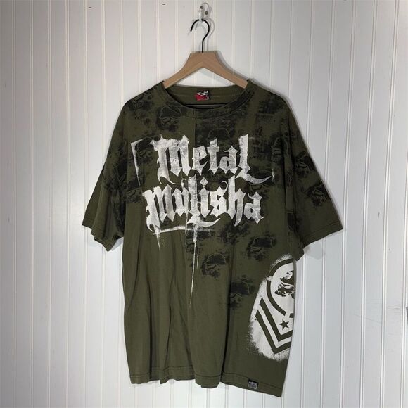 Vintage Metal Mulisha T-Shirt 2XL Green Skull Print Biker Y2K Grunge Skater Tee - Picture 1 of 5